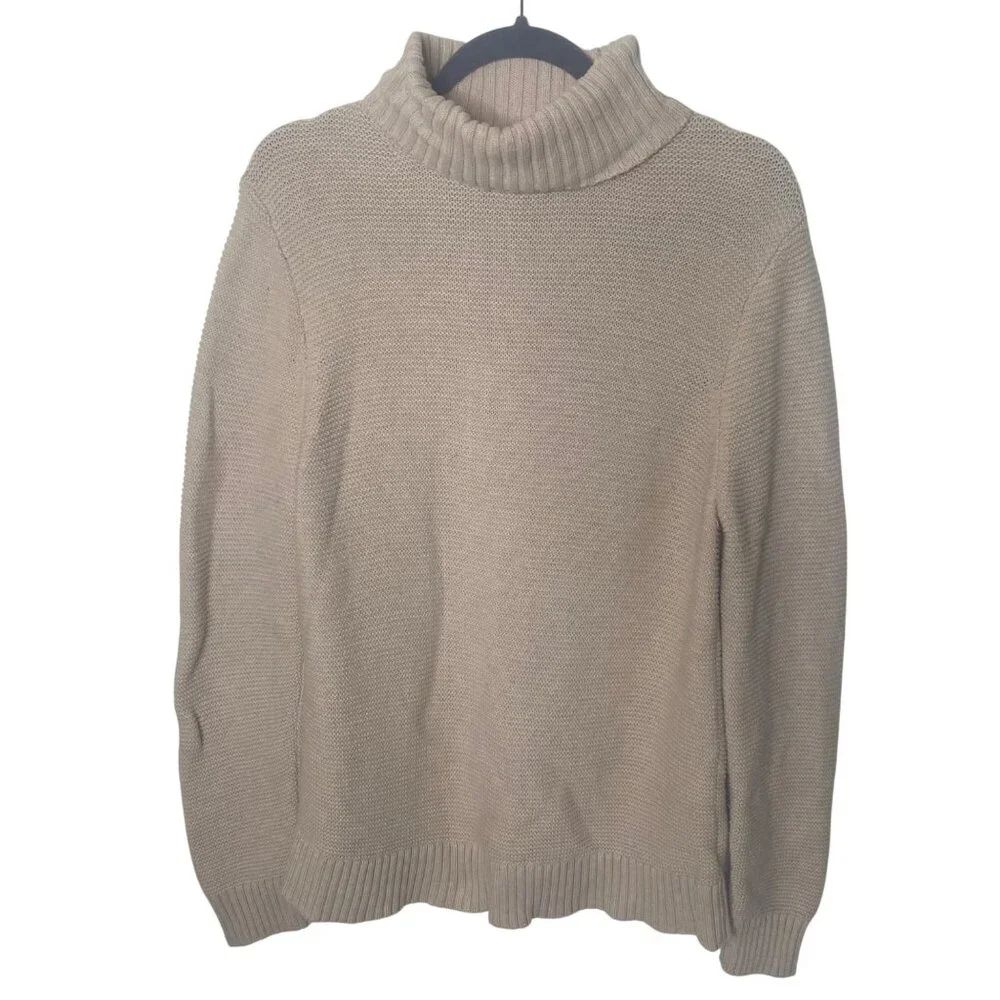 J.Crew Wool Blend Turtleneck Sweater Womens L Beige Tan Knit Granola‎ Fisherman